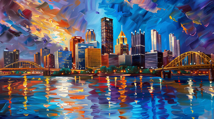 Horizontal Impasto oil painting of the Pittsburgh skyline. Generative AI