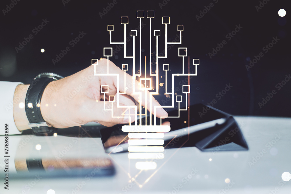 Poster double exposure of creative light bulb hologram with chip and finger clicks on a digital tablet on b