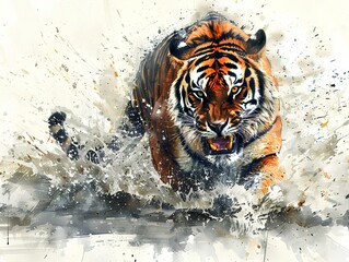 The tiger roared in full. Charges sideways in front of the camera with a ferocious expression. The image was captured in a dynamic watercolor style.