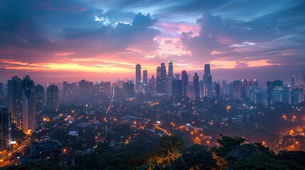 Detailed city skyline at dusk with twinkling lights, long exposure shot capturing realism - obrazy, fototapety, plakaty