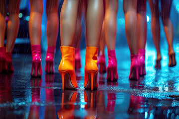 legs of a crowd of woman prostitute girls at night on street