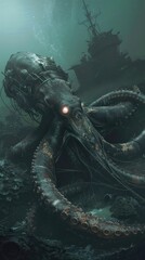 Fototapeta premium Realistic portrayal of a biopunk ocean exploration vehicle, resembling a giant squid, exploring dark underwater ruins