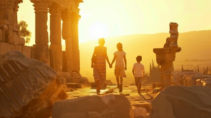 A family exploring ancient ruins, marveling at the history and culture, with the warm sun casting a golden hue.