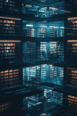 Detailed and atmospheric portrayal of a nano-tech powered library, where books download directly into your mind, under soft lighting