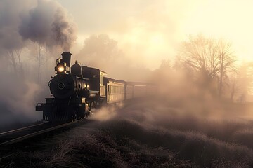 an old-fashioned steam train chugs through a mist-enshrouded landscape - obrazy, fototapety, plakaty