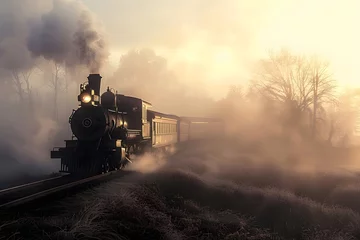  an old-fashioned steam train chugs through a mist-enshrouded landscape © Cookiezkiez