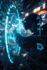 Detailed, cinematic moment of a hacker breaking into the city's mainframe, virtual reality interface surrounding them