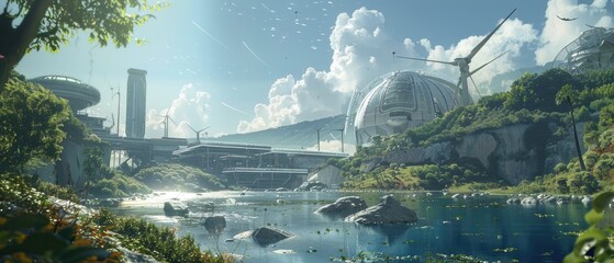 Detailed, cinematic image of a green energy facility in a solar punk world, harnessing power from the earth, sun, and wind