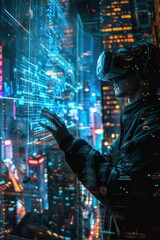 Detailed, cinematic moment of a hacker breaking into the city's mainframe, virtual reality interface surrounding them