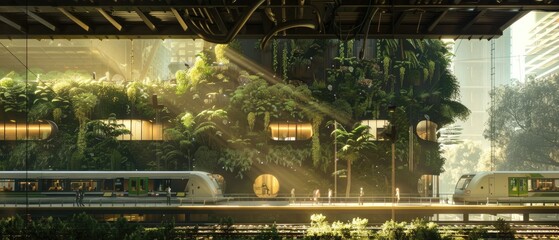 Detailed view of a solarpunk train station, with living walls and soft, natural lighting filtering through