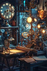 Detailed view of a steampunk inventor's workshop, with gadgets and gears glowing in dim, atmospheric lighting
