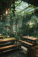 Hyper-realistic biopunk cafe, where patrons enjoy genetically customized meals, in a vine-enclosed setting