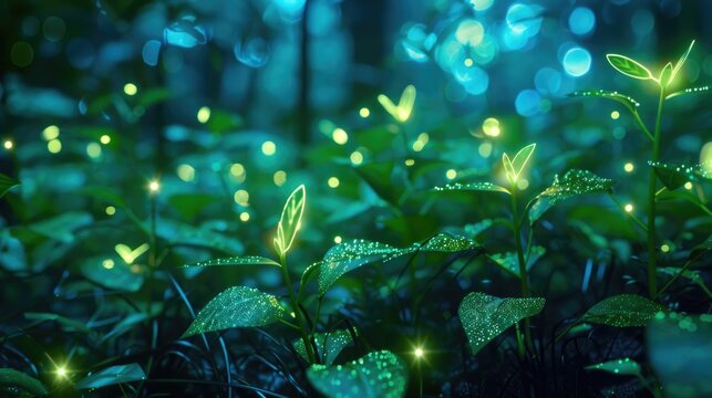 Detailed view of a nano-engineered forest, with plants glowing in the dark, providing natural light