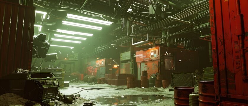 Hyper-realistic biopunk waste management facility, where organic and mechanical drones recycle materials
