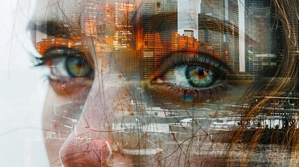 Surreal double exposure portrait blending cityscape, textures, visual effect in modern photography