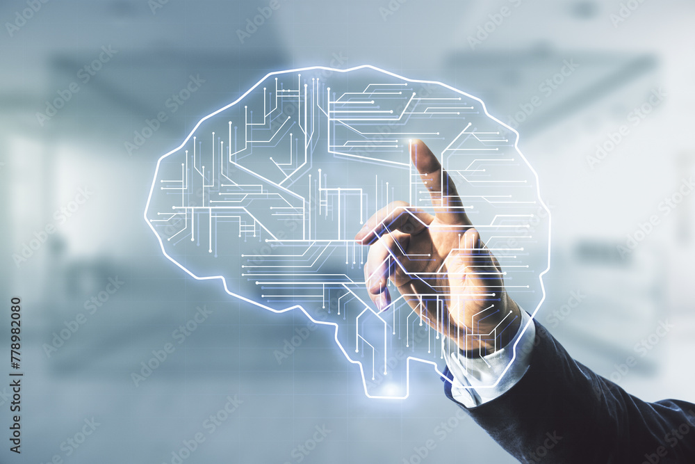 Poster man hand working with virtual creative artificial intelligence hologram with human brain sketch on b