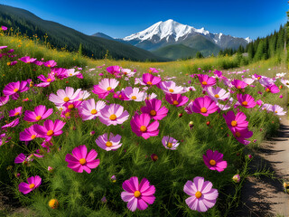 Beautiful pink blooming cosmos flower and nature scene with mountain background
