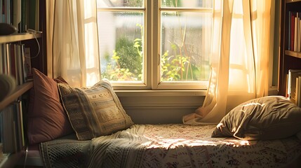 a cozy window nook bathed in the soft golden glow of sunlight offers the perfect retreat for book lovers with minimal style - obrazy, fototapety, plakaty