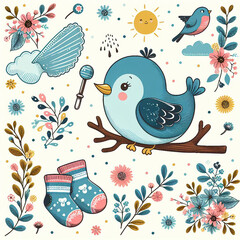 Birds themed Colorful cute baby and children patterns