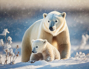 Snowy landscape with a polar bear with small cub, Arctic.