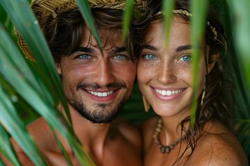 Happy summer. Beautiful young couple in love looking at camera. Young boy and girl with blue eyes taking selfie. Smiling two friends on vacation in tropical paradise.
