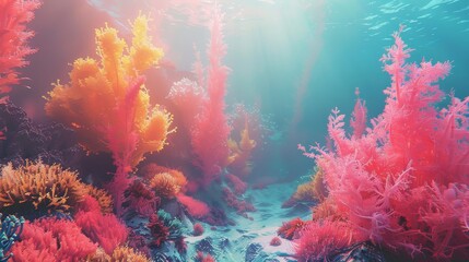 A colorful coral reef with pink and orange plants. The water is clear and the sun is shining brightly