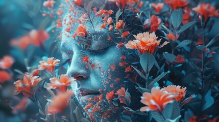 Fototapeta na wymiar A woman's face is covered in flowers, giving the impression of a surreal and dreamlike scene