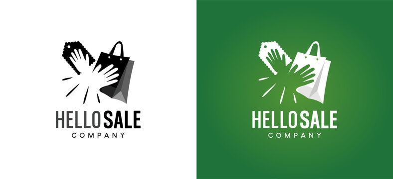 Vector illustration of hello sale logo with waving hand icon and shopping bag label
