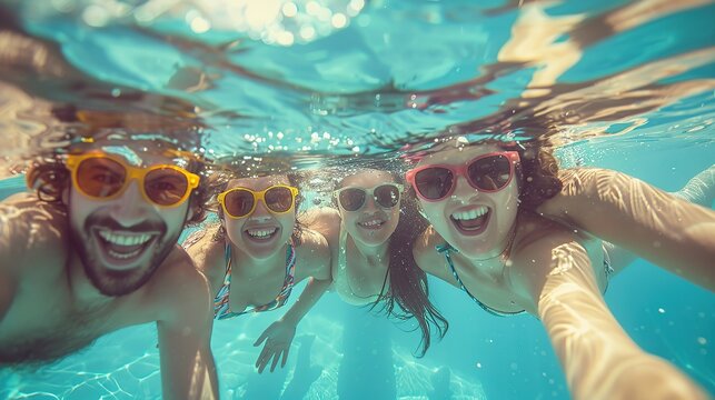 group of friends having fun in the swimming pool. copy space for text.