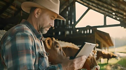 senior farmer holding tablet in cow pen - Powered by Adobe