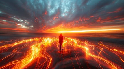 A person is walking on a beach with a fiery orange sky in the background. The scene is surreal and dreamlike, with the person appearing to be walking through a glowing, fiery landscape