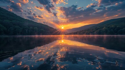 A beautiful sunset over a lake with a reflection of the sun in the water. The sky is filled with clouds, creating a serene and peaceful atmosphere