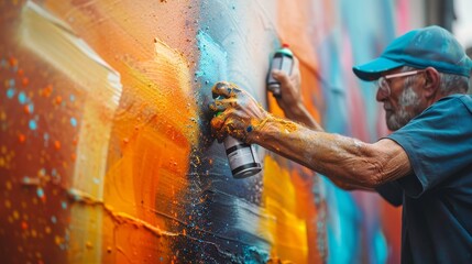 A man is painting a wall with a spray can. The wall is covered in paint and has a colorful design. The man is wearing a blue shirt and a hat