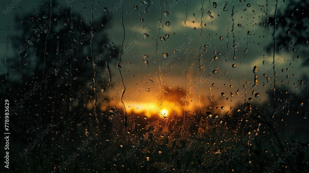 Poster a window with raindrops on it and a sunset in the background