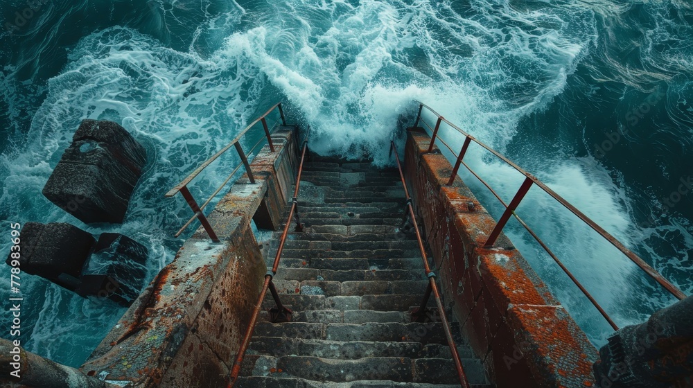 Poster a staircase leading down to the ocean with a wave crashing in the background. scene is one of advent