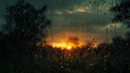 A window with raindrops on it and a sunset in the background