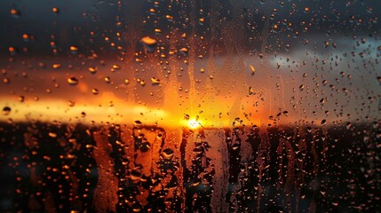 A window with raindrops on it and a sunset in the background. The sun is setting and the sky is orange