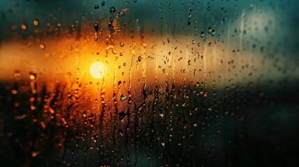 A window with raindrops on it and a sun in the background. The sun is setting and the raindrops are reflecting the light