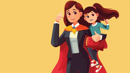 Super hero mom in business suit holding her daughte