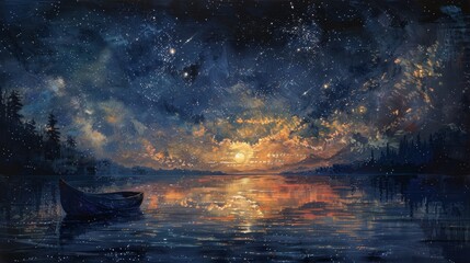 A painting of a lake with a boat and a sunset. The mood of the painting is serene and peaceful