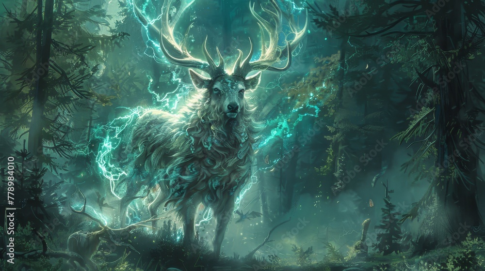 Poster a deer with a greenish glow on its antlers stands in a forest. the image has a mystical and otherwor