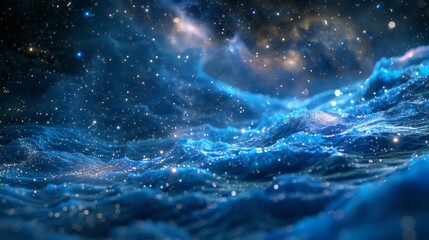 A blue ocean with stars in the background. The stars are scattered throughout the sky, creating a sense of depth and vastness. The blue color of the ocean and the stars gives a feeling of calmness