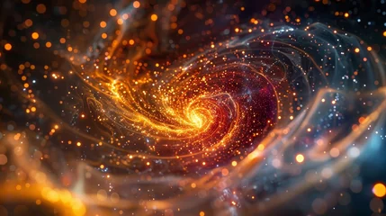 Behangcirkel A spiral galaxy with a bright orange center and a dark blue background. The galaxy is filled with bright, glowing stars and is surrounded by a cloud of dust and gas © Sodapeaw