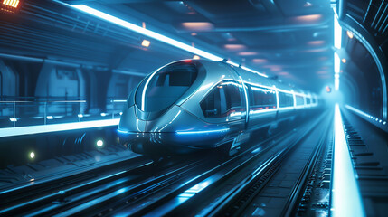 A futuristic transport glides silently over a magnetic levitation rail, illuminated by majestic, cinematic light, showcasing the serene power of advanced technology - obrazy, fototapety, plakaty