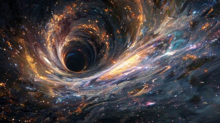 A black hole with a bright orange hole in the middle. The hole is surrounded by a galaxy of stars - obrazy, fototapety, plakaty