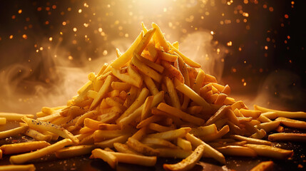 A majestic pyramid pile of French fries stands tall, creating a captivating scene for an appetizing product advertisement
