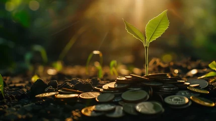 Fotobehang A seed sprouting atop a pile of coins in a majestic garden, symbolizing the growth of sustainable investment under powerful, cinematic light © novaart