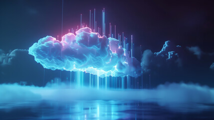 A minimalistic scene where ethereal clouds, aglow with data streams, float majestically under a powerful cinematic light, symbolizing cloud computing's reach - obrazy, fototapety, plakaty