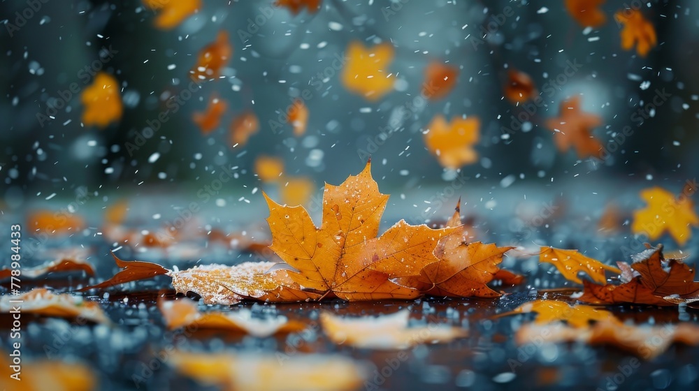 Poster a leaf is falling from a tree and is surrounded by snow. concept of tranquility and peacefulness, as