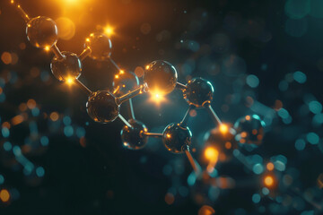 Molecular structure floats in a biotech lab, glowing bonds highlighted in cinematic light, detailed close-up, - obrazy, fototapety, plakaty